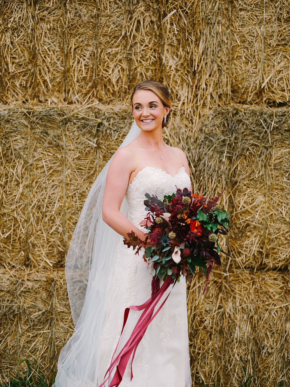 Dress Gown Bride Bridal Strapless Veil Bouquet Flowers Red Burgundy Tipi Farm Wedding The Edge Photography