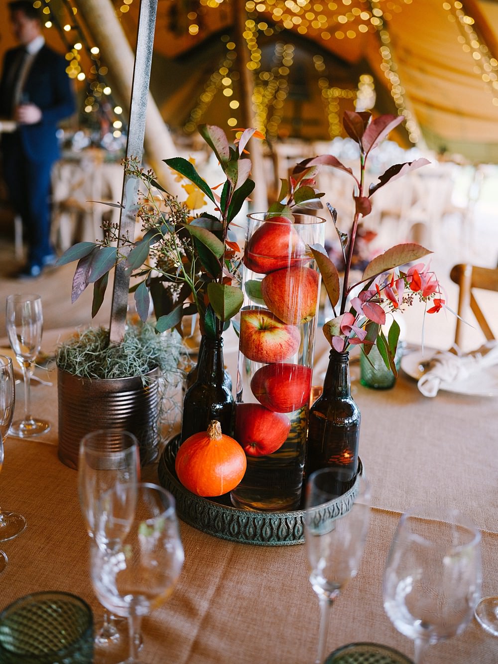 Table Centrepiece Flowers Fruit Decor Tipi Farm Wedding The Edge Photography