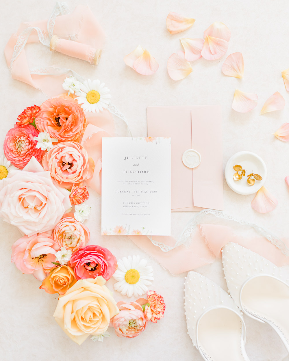 Wildflower Meadow Wedding Natalie Stevenson Photography Stationery Invite Invitation Flowers Orange Flat Lay