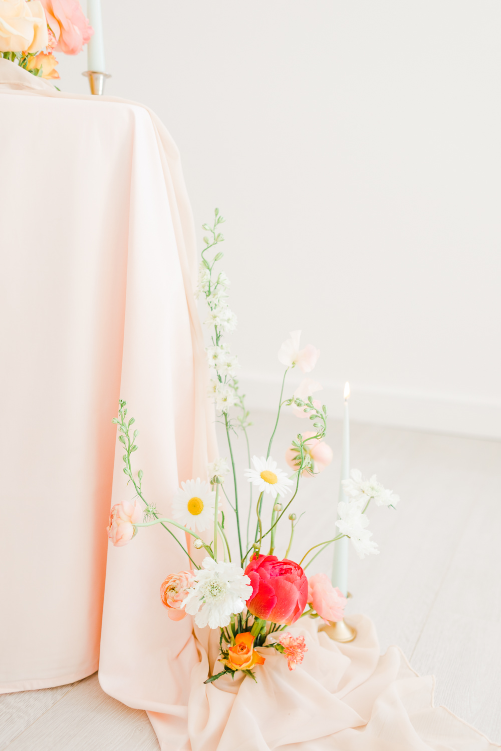 Table Tablescape Decor Pink Flowers Candles Garland Runner Wildflower Meadow Wedding Natalie Stevenson Photography