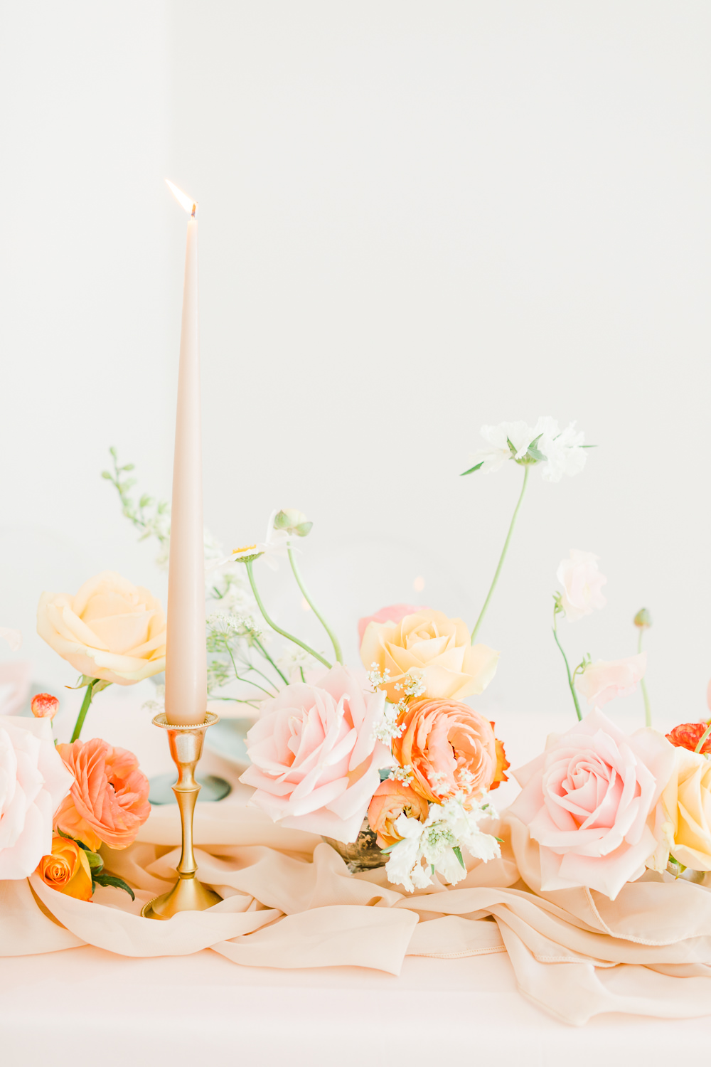 Table Tablescape Decor Pink Flowers Candles Garland Runner Wildflower Meadow Wedding Natalie Stevenson Photography