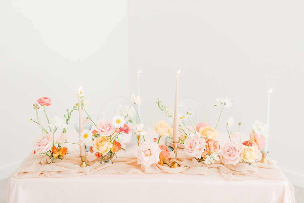Table Tablescape Decor Pink Flowers Candles Garland Runner Wildflower Meadow Wedding Natalie Stevenson Photography