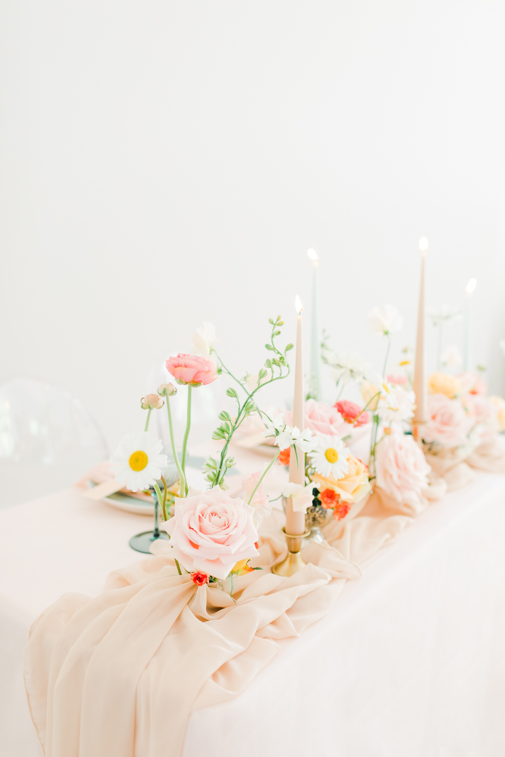 Table Tablescape Decor Pink Flowers Candles Garland Runner Wildflower Meadow Wedding Natalie Stevenson Photography