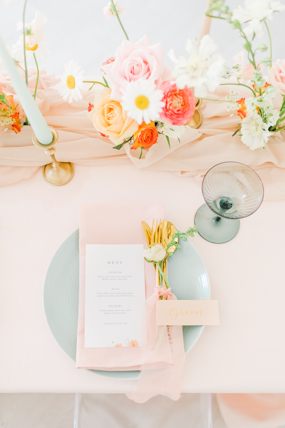 Place Name Place Setting Blue Pink Wildflower Meadow Wedding Natalie Stevenson Photography