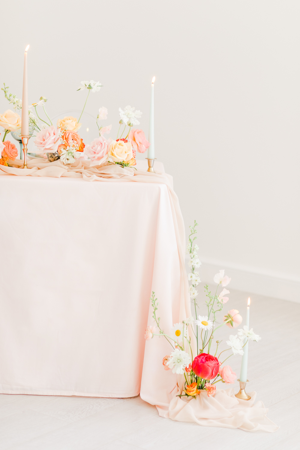 Table Tablescape Decor Pink Flowers Candles Garland Runner Wildflower Meadow Wedding Natalie Stevenson Photography