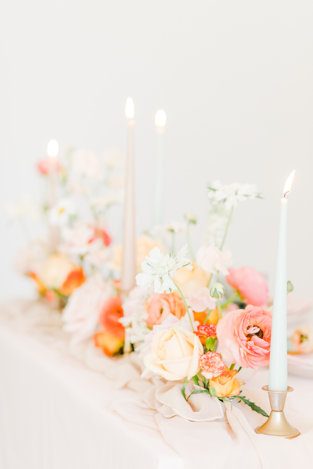 Table Tablescape Decor Pink Flowers Candles Garland Runner Wildflower Meadow Wedding Natalie Stevenson Photography
