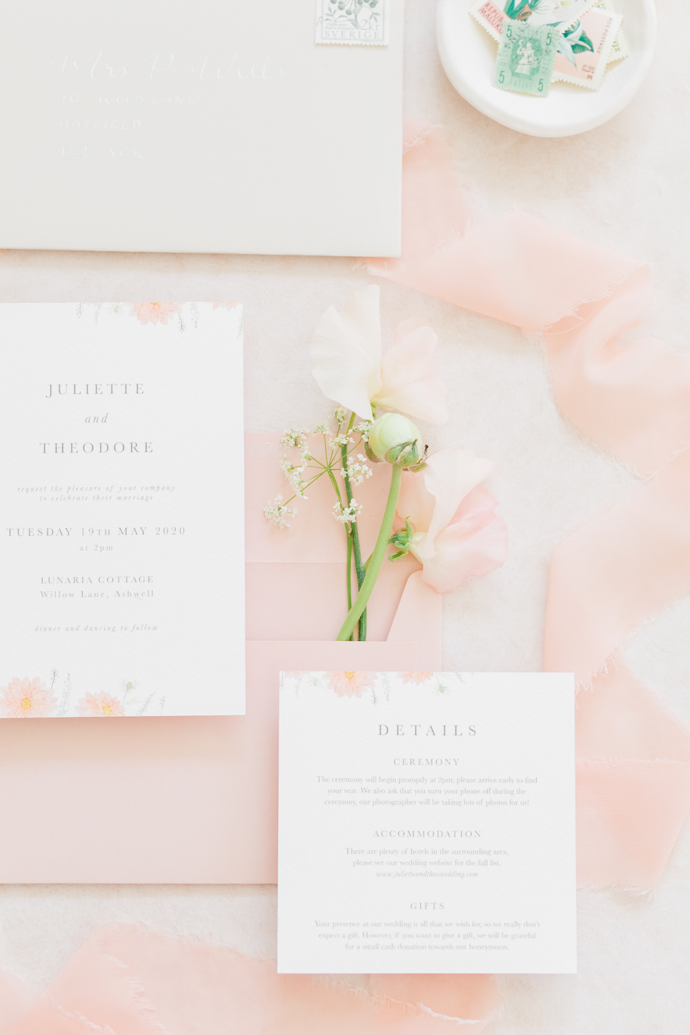 Invite Invitation Flowers Orange Flat Lay Wildflower Meadow Wedding Natalie Stevenson Photography