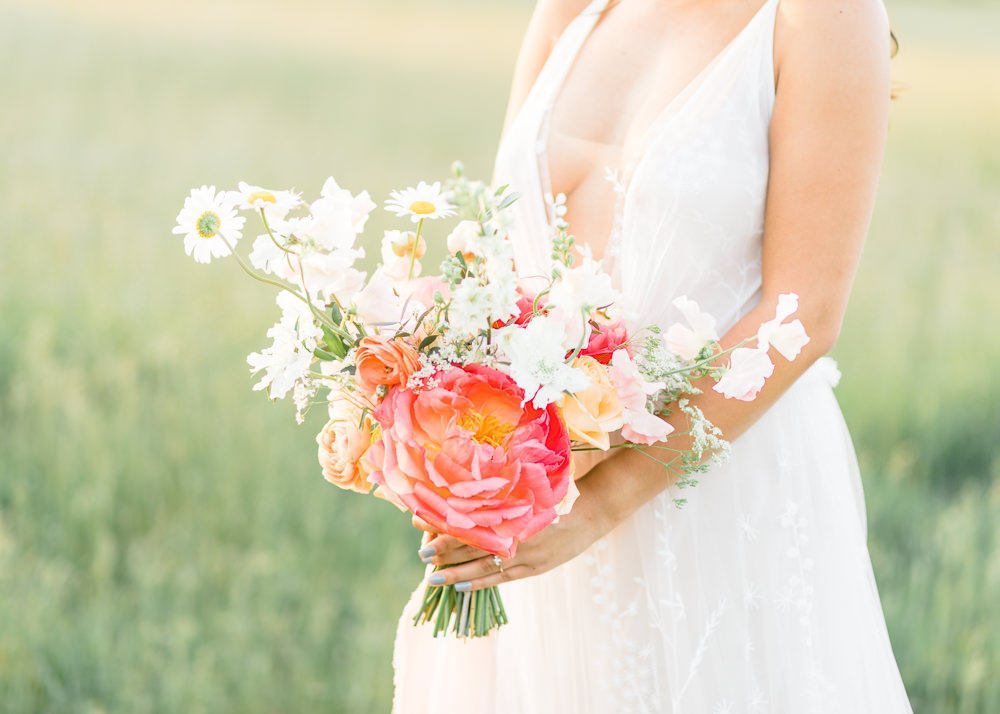Bouquet Flowers Bride Bridal Peach Pink Rose Ribbon Peony Wildflower Meadow Wedding Natalie Stevenson Photography