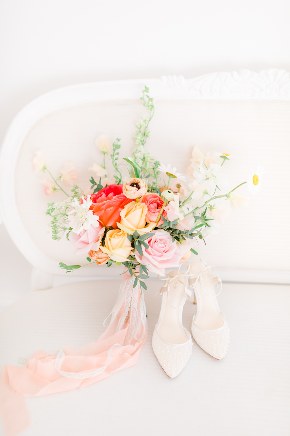 Bouquet Flowers Bride Bridal Peach Pink Rose Ribbon Wildflower Meadow Wedding Natalie Stevenson Photography