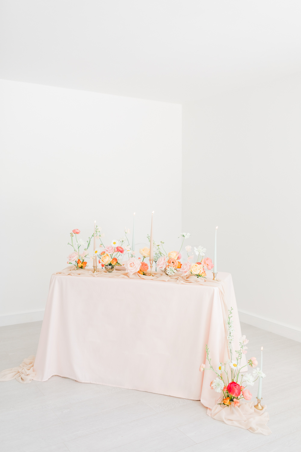 Table Tablescape Decor Pink Flowers Candles Garland Runner Wildflower Meadow Wedding Natalie Stevenson Photography