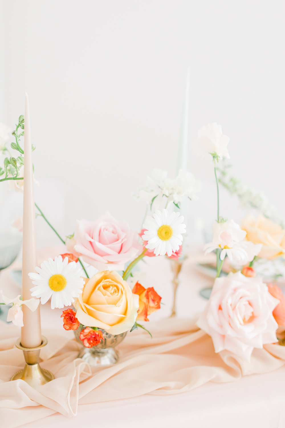 Table Tablescape Decor Pink Flowers Candles Garland Runner Wildflower Meadow Wedding Natalie Stevenson Photography