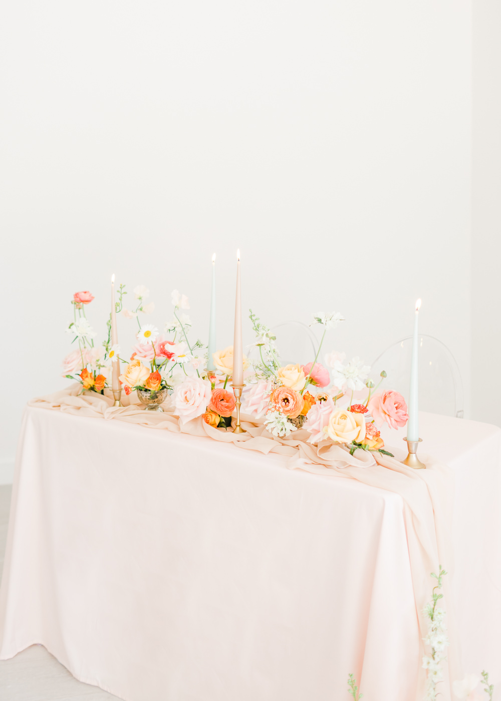 Table Tablescape Decor Pink Flowers Candles Garland Runner Wildflower Meadow Wedding Natalie Stevenson Photography