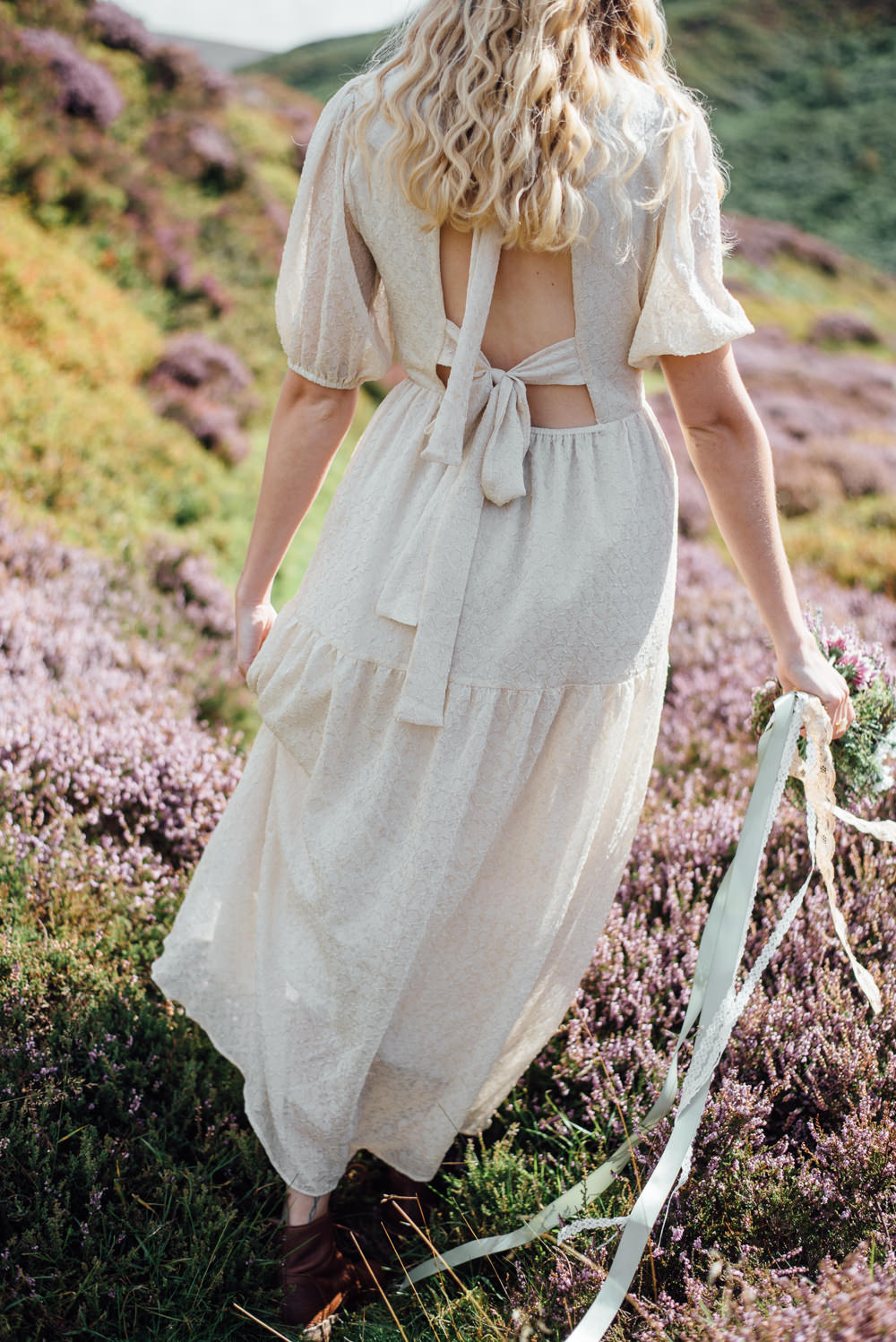 Dress Gown Bride Bridal Short Bow Back Cap Sleeves Yorkshire Moors Elopement Miss Whittingtons Photography