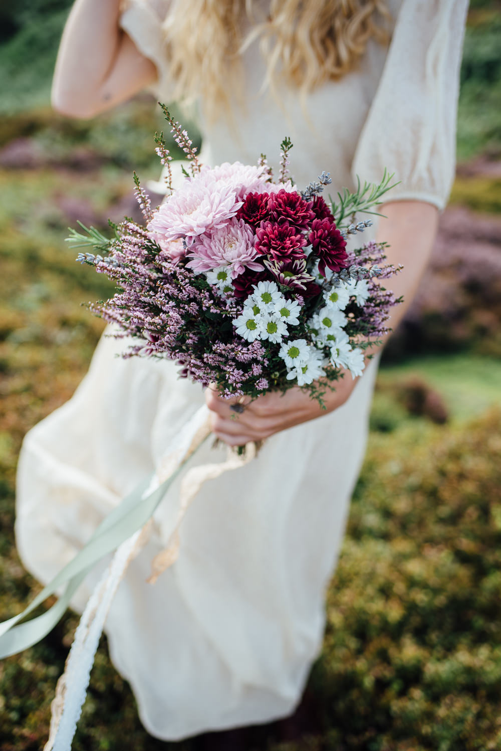 Bouquet Flowers Bride Bridal Pink Red Daisy Heather Yorkshire Moors Elopement Miss Whittingtons Photography