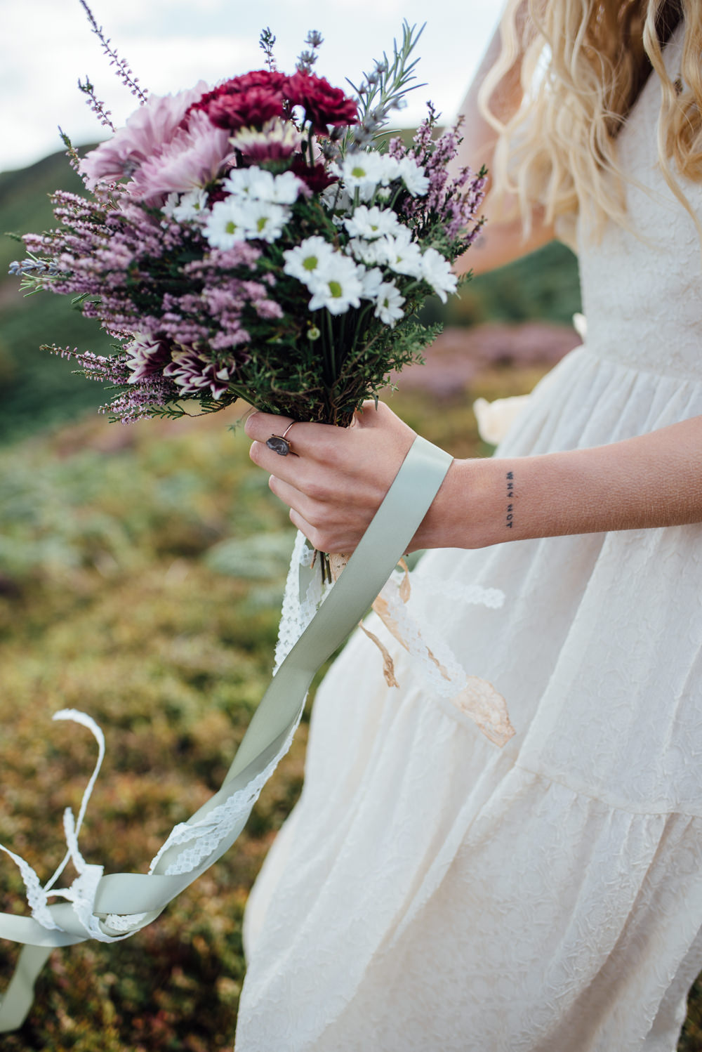 Bouquet Flowers Bride Bridal Pink Red Daisy Heather Yorkshire Moors Elopement Miss Whittingtons Photography
