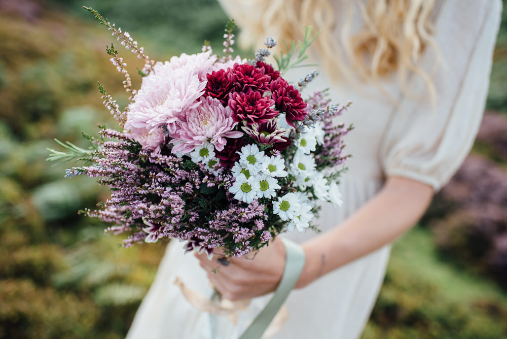 Bouquet Flowers Bride Bridal Pink Red Daisy Heather Yorkshire Moors Elopement Miss Whittingtons Photography