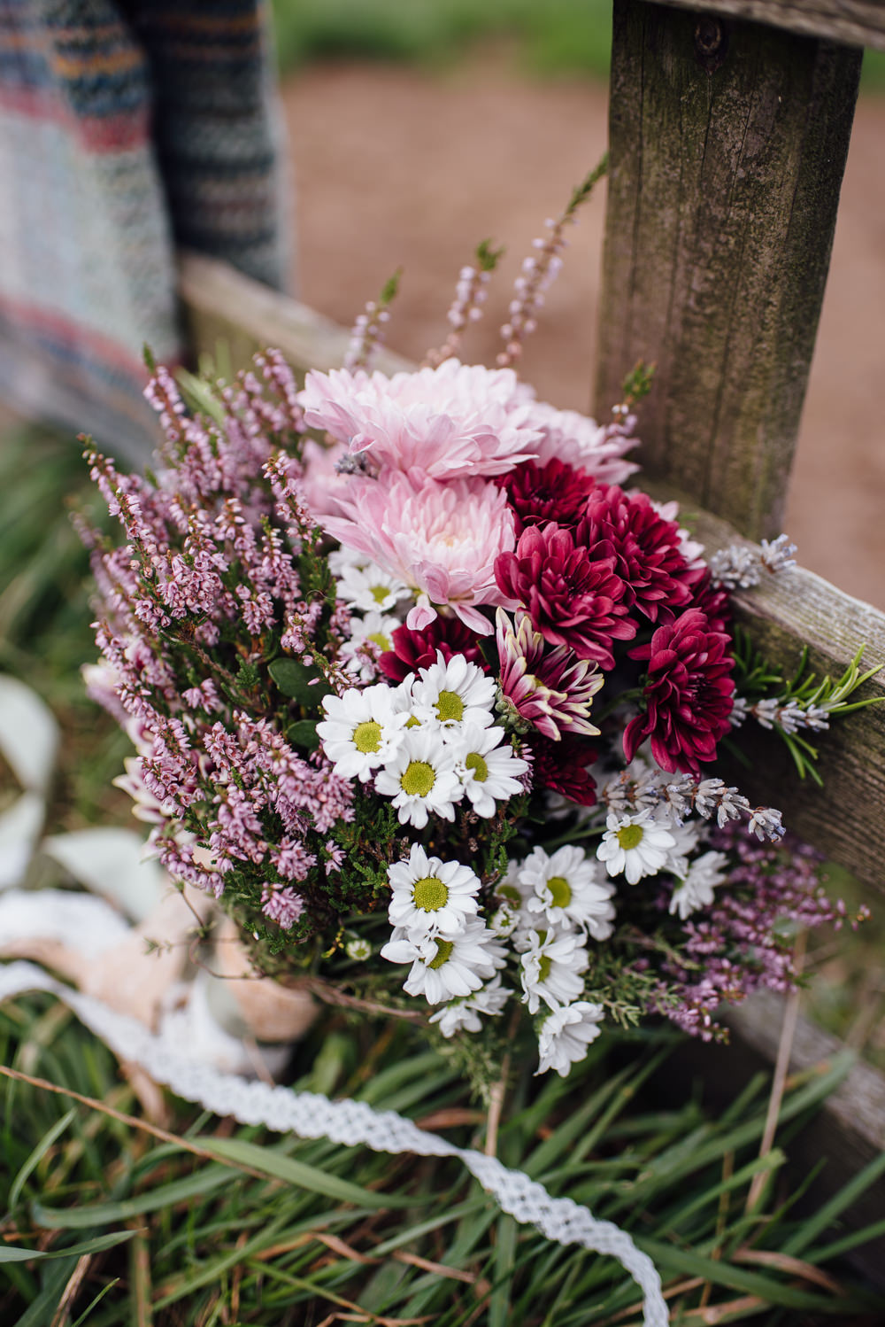 Bouquet Flowers Bride Bridal Pink Red Daisy Heather Yorkshire Moors Elopement Miss Whittingtons Photography