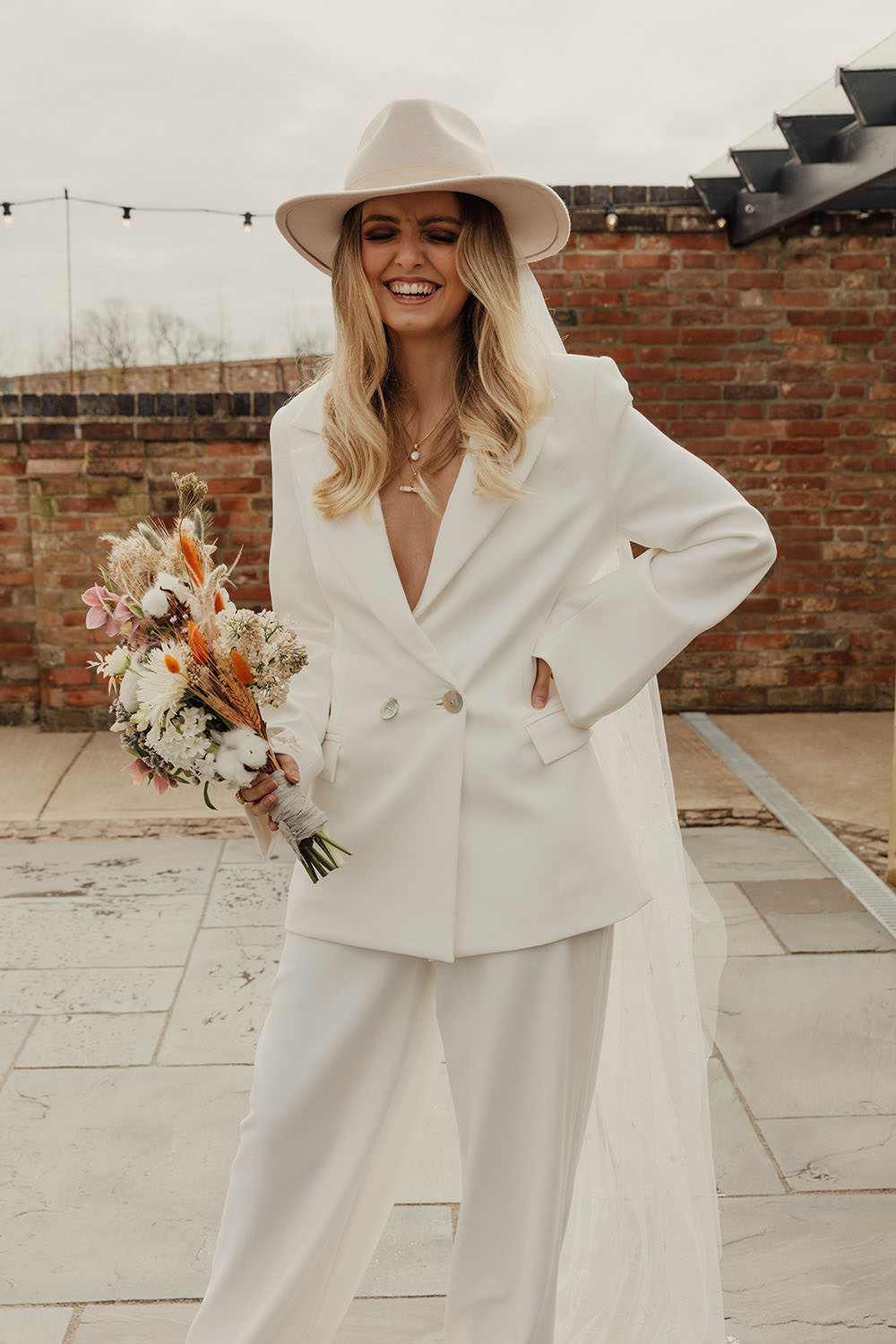 Bride Bridal Suit Jacket Trousers Hat Veil Beige Wedding Emma Wilkinson Photography