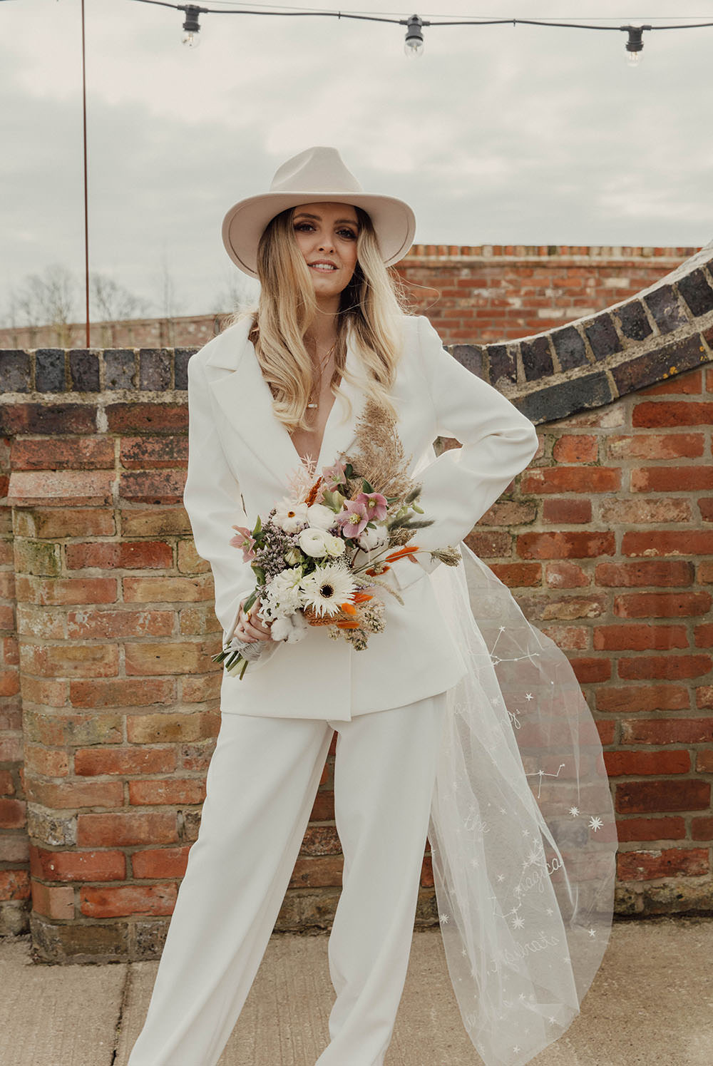 Bride Bridal Suit Jacket Trousers Hat Veil Beige Wedding Emma Wilkinson Photography