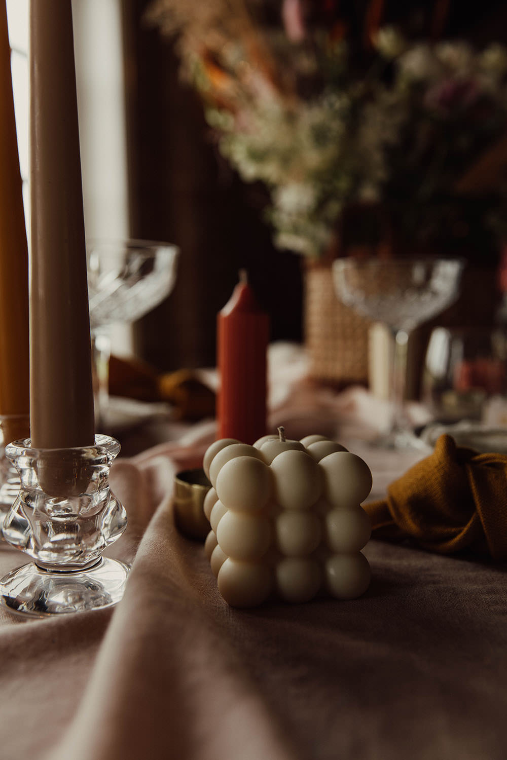 Candle Table Decor Beige Wedding Emma Wilkinson Photography