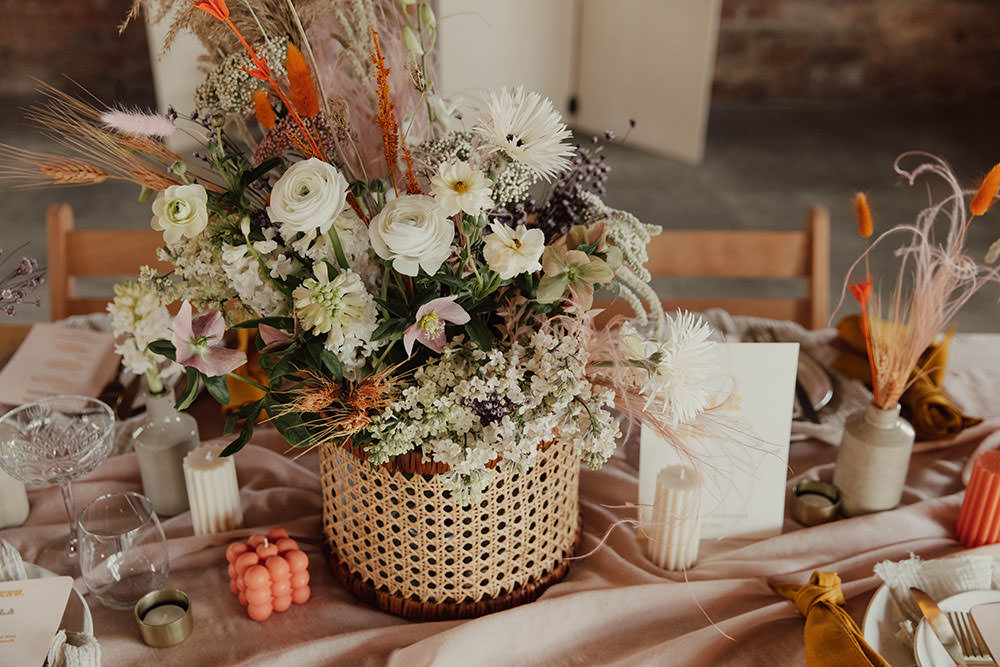 Table Decor Silk Runner Candles Flowers Orange Beige Wedding Emma Wilkinson Photography