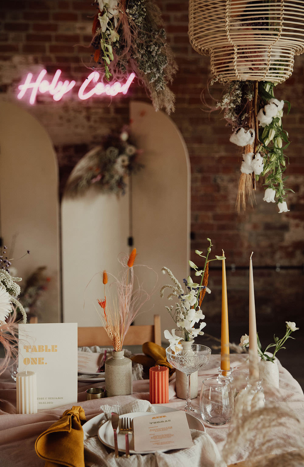 Arch Backdrop Neon Sign Table Decor Beige Wedding Emma Wilkinson Photography
