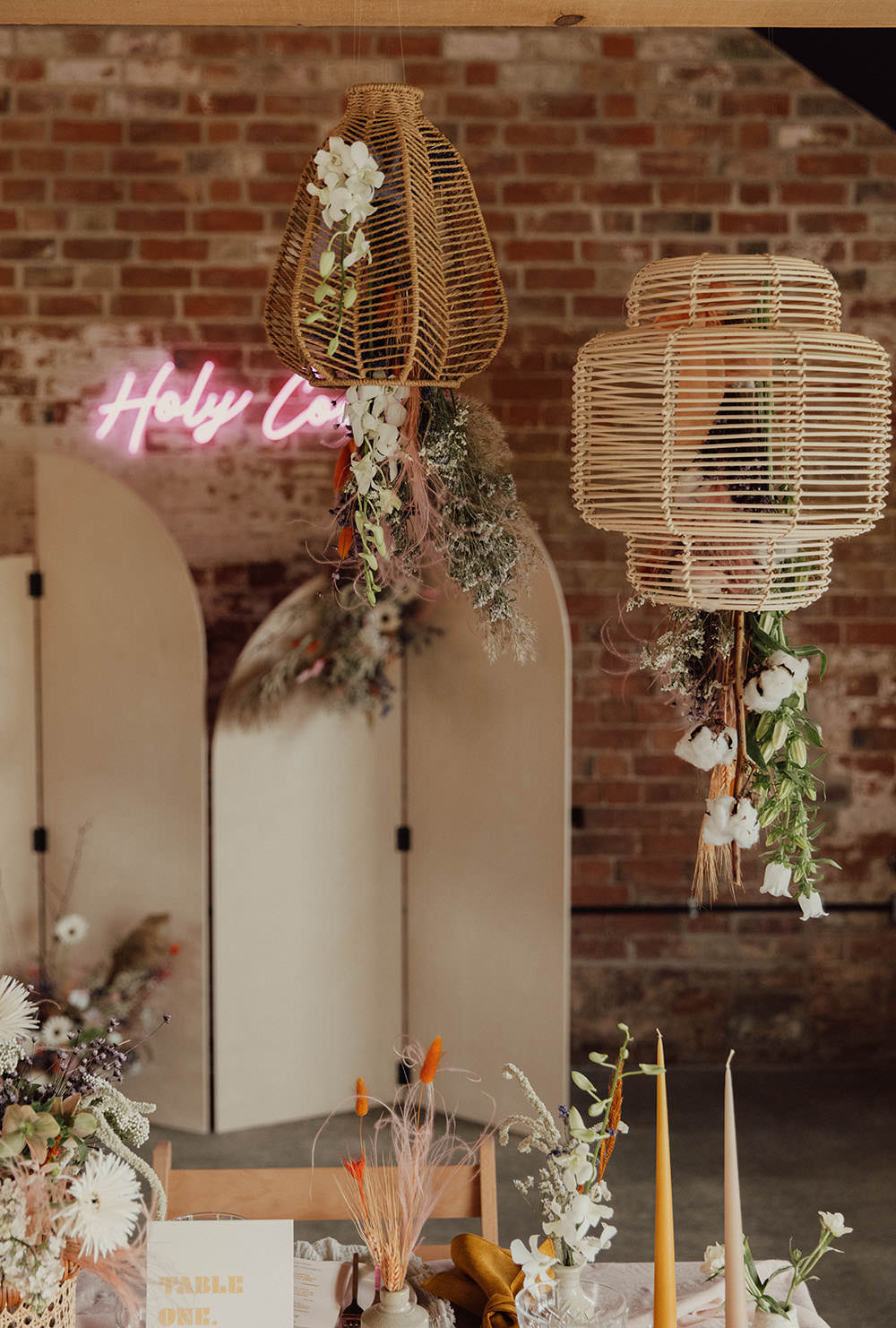 Hanging Lanterns Arch Backdrop Neon Sign Table Decor Beige Wedding Emma Wilkinson Photography