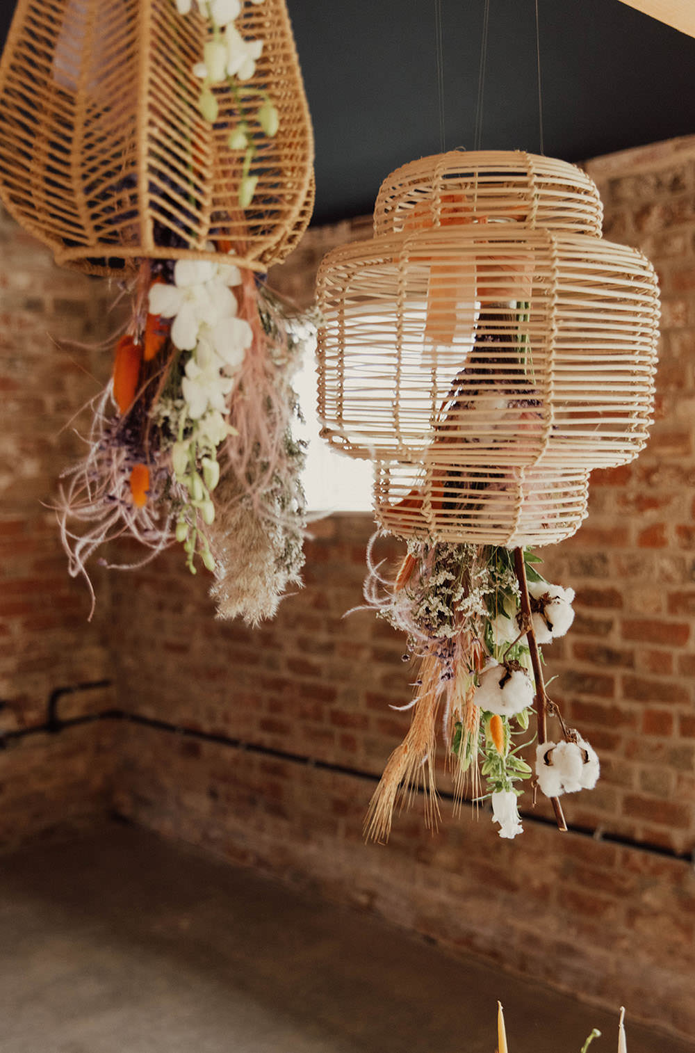 Hanging Lanterns Flowers Beige Wedding Emma Wilkinson Photography