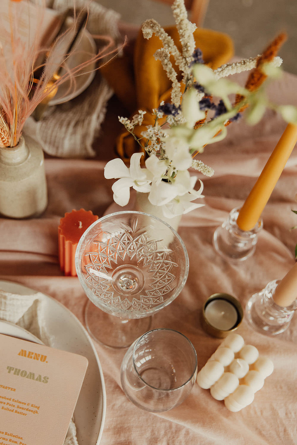 Table Decor Silk Runner Candles Flowers Orange Beige Wedding Emma Wilkinson Photography