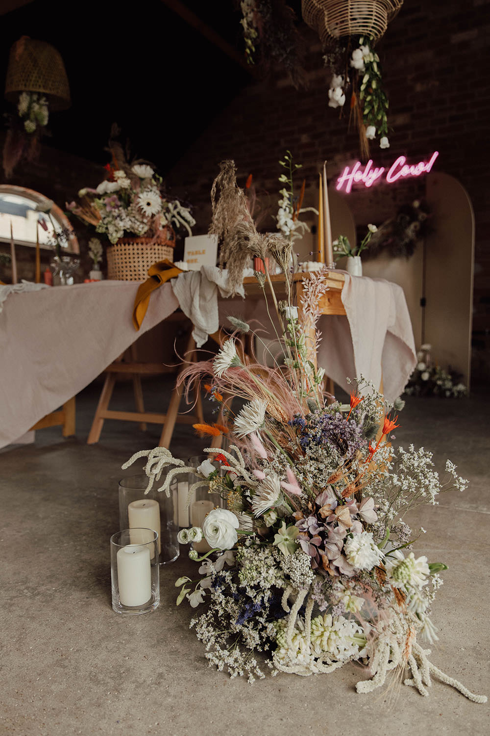 Flower Arrangement Pampas Grass Table Tablescape Floor Beige Wedding Emma Wilkinson Photography