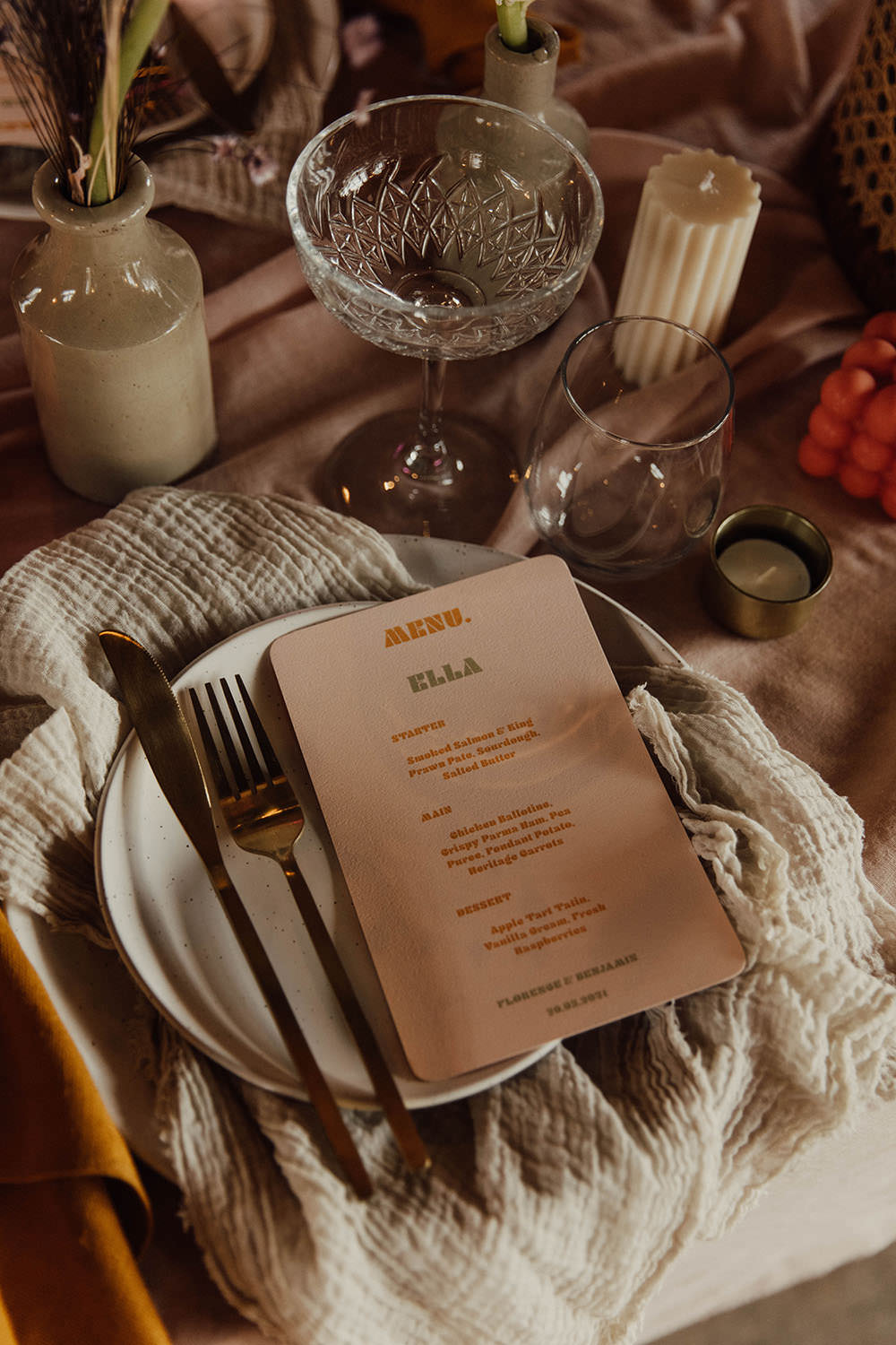 Place Setting Menu Stationery Napkin Beige Wedding Emma Wilkinson Photography