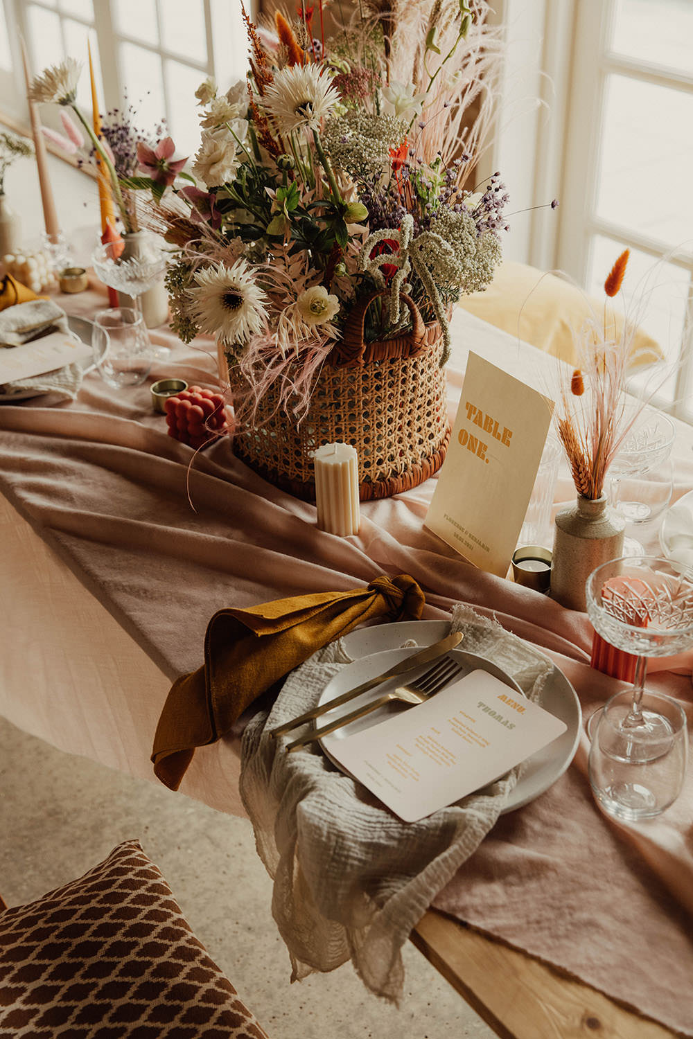 Table Decor Silk Runner Candles Flowers Orange Beige Wedding Emma Wilkinson Photography