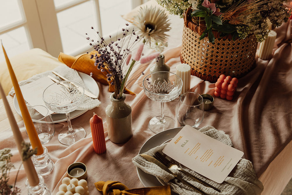 Table Decor Silk Runner Candles Flowers Orange Beige Wedding Emma Wilkinson Photography