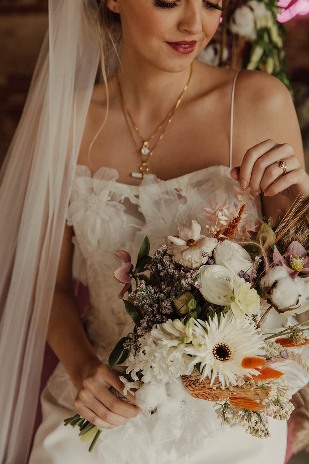Bouquet Flowers Bride Bridal Orange Orchid Beige Wedding Emma Wilkinson Photography