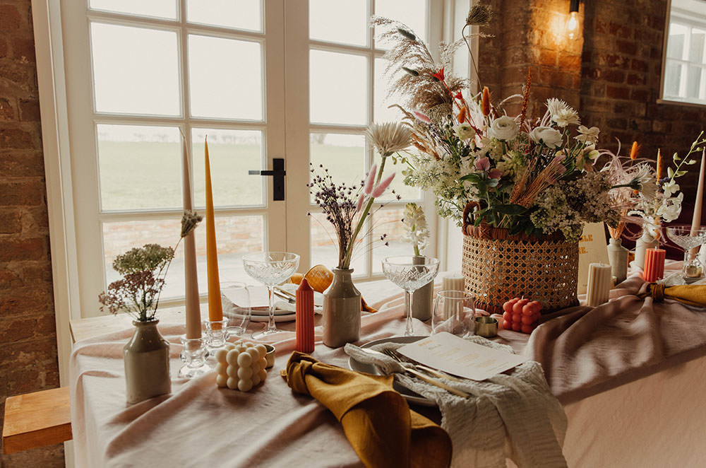 Table Decor Silk Runner Candles Flowers Orange Beige Wedding Emma Wilkinson Photography