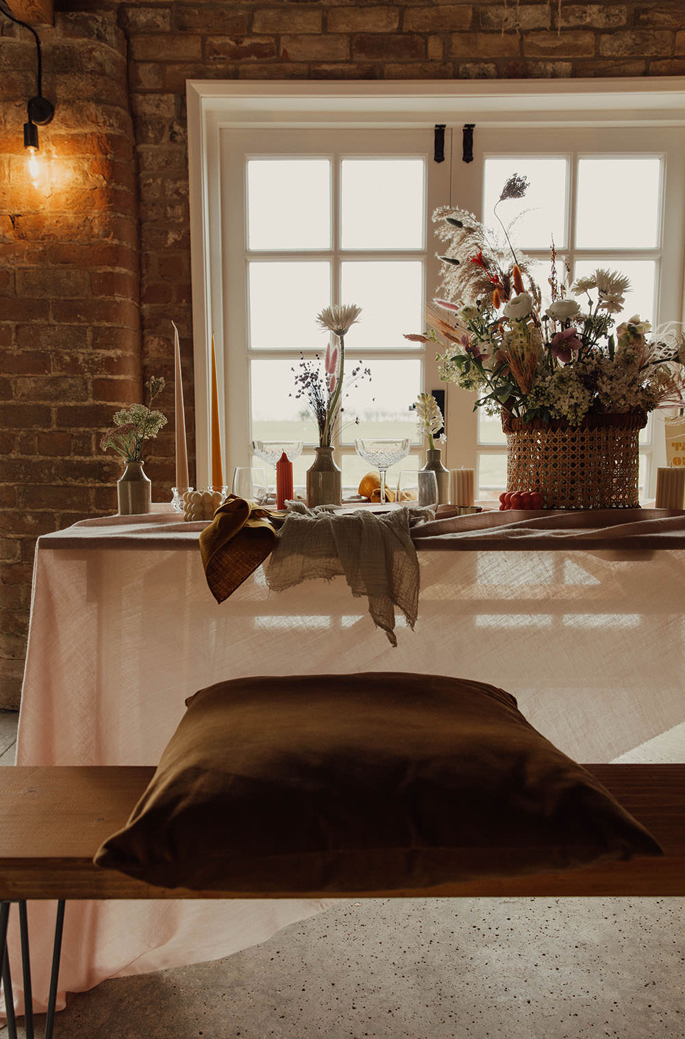 Cushion Table Decor Silk Runner Candles Flowers Orange Beige Wedding Emma Wilkinson Photography