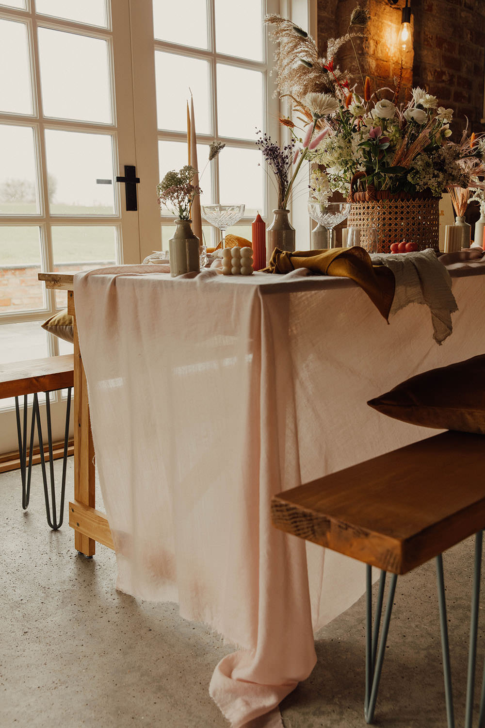 Table Decor Silk Runner Candles Flowers Orange Beige Wedding Emma Wilkinson Photography