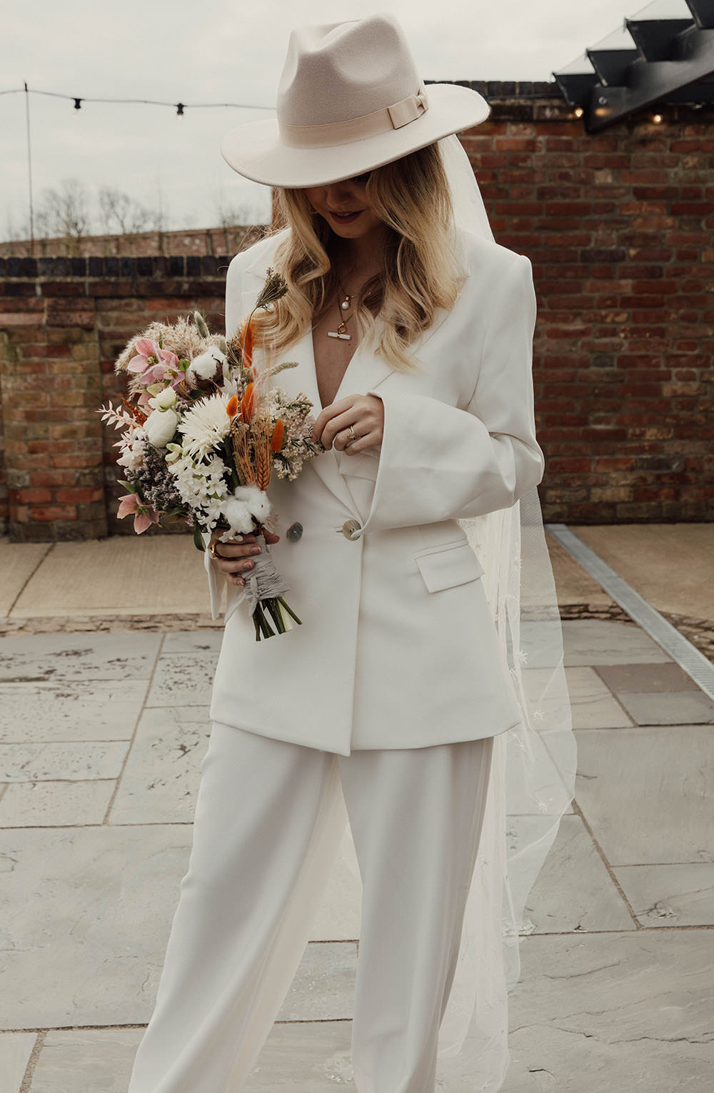 Bride Bridal Suit Jacket Trousers Hat Veil Beige Wedding Emma Wilkinson Photography