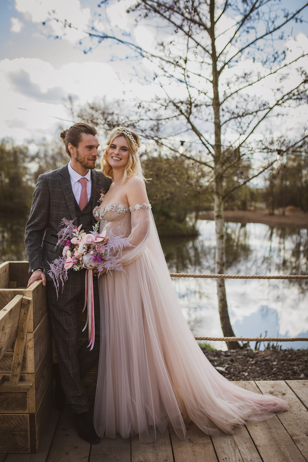 Dress Gown Bride Bridal Sleeves Train Tulle Blush Wedding Ideas Hannah Brooke Photography