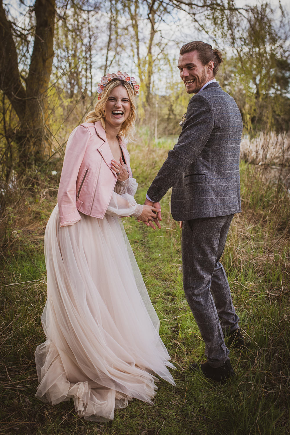 Painted Pink Leather Jacket Dress Gown Bride Bridal Sleeves Train Tulle Blush Wedding Ideas Hannah Brooke Photography