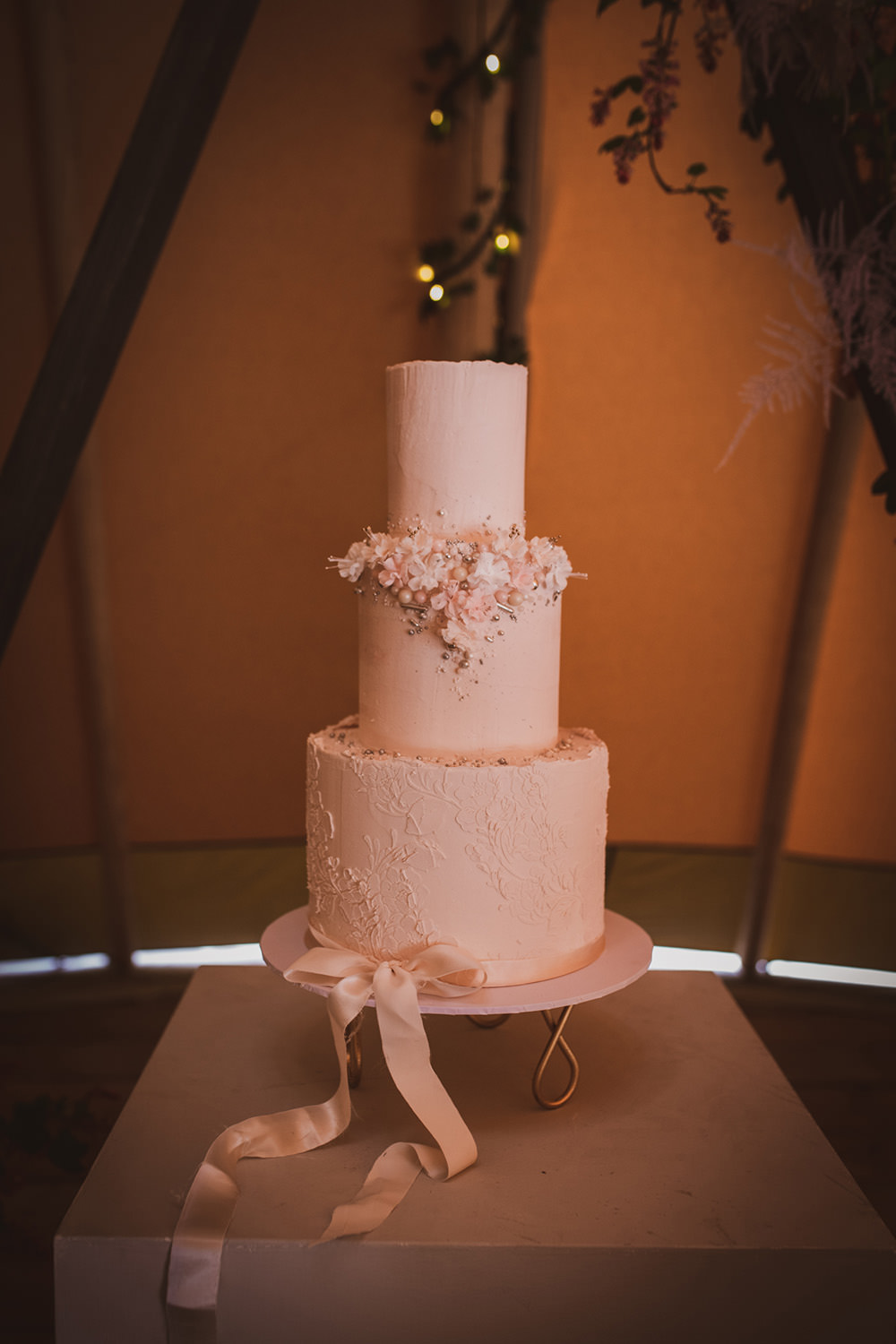 Pink Cake Three Tier Buttercream Flowers Ribbon Blush Wedding Ideas Hannah Brooke Photography