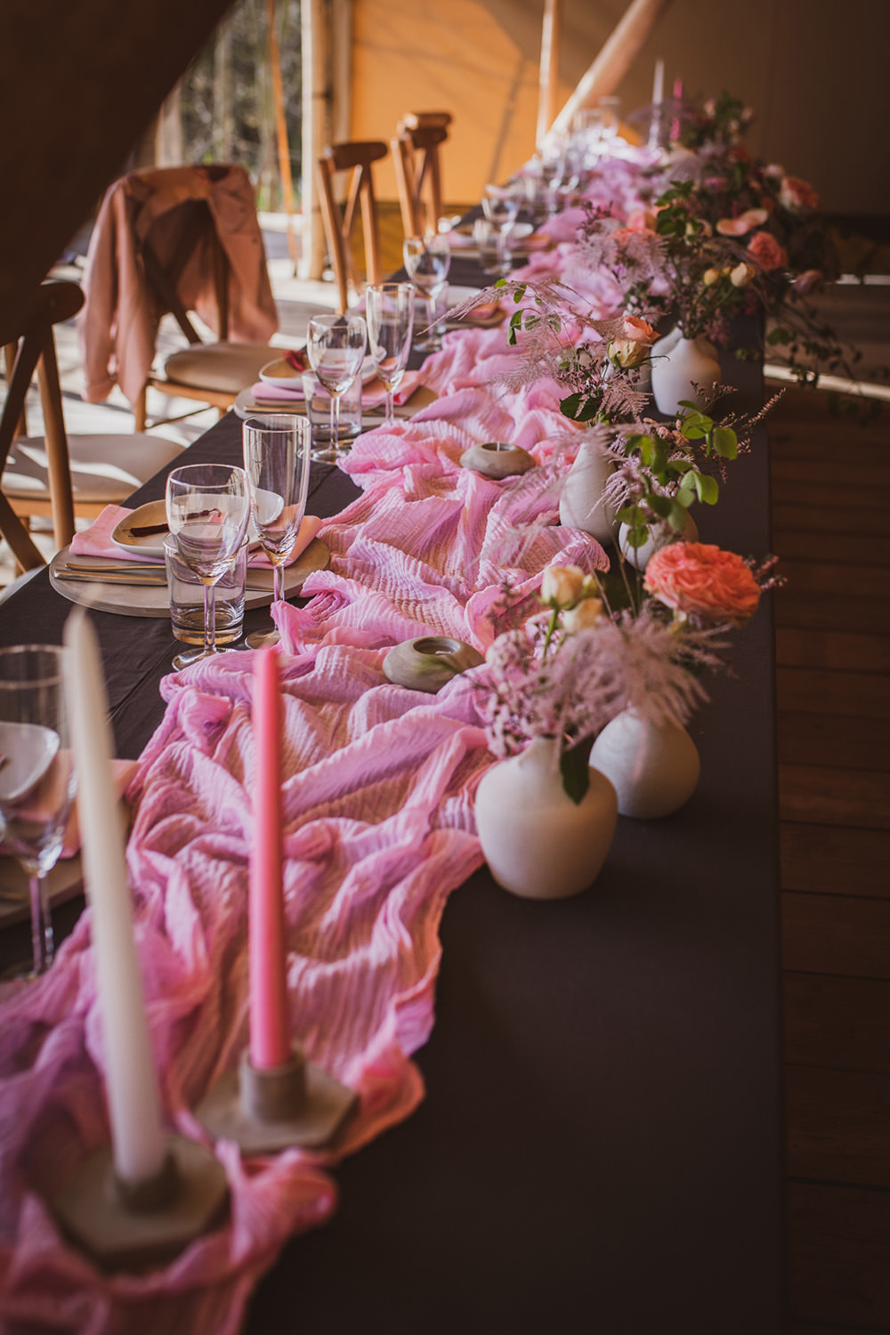 Table Decor Tablescape Pink Runner Candles Flowers Rustic Blush Wedding Ideas Hannah Brooke Photography
