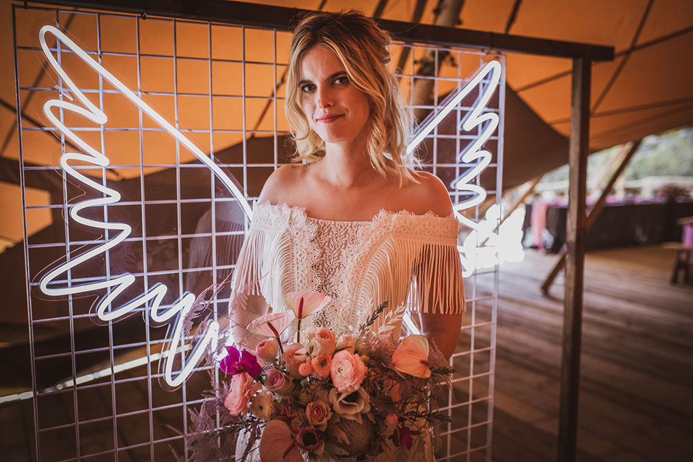 Neon Sign Lights Bride Bridal Wings Blush Wedding Ideas Hannah Brooke Photography