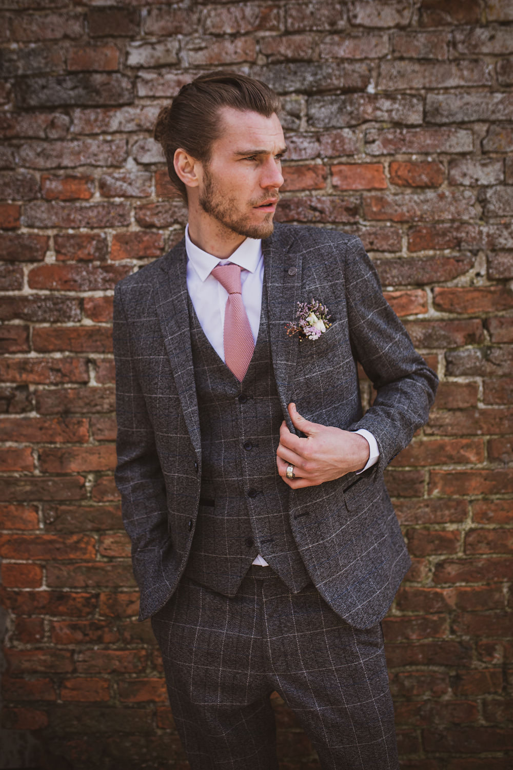 Groom Grey Check Suit Tie Blush Wedding Ideas Hannah Brooke Photography