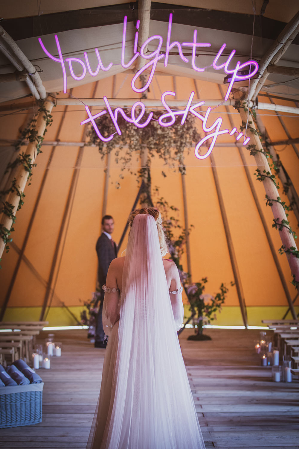 Neon Sign Lights Aisle Ceremony Blush Wedding Ideas Hannah Brooke Photography