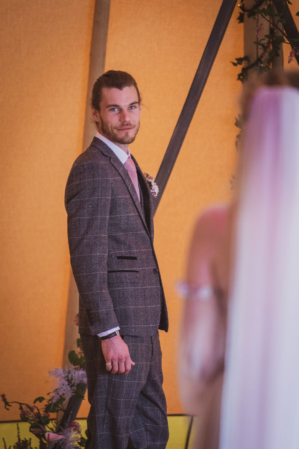 Groom Grey Check Suit Tie Blush Wedding Ideas Hannah Brooke Photography