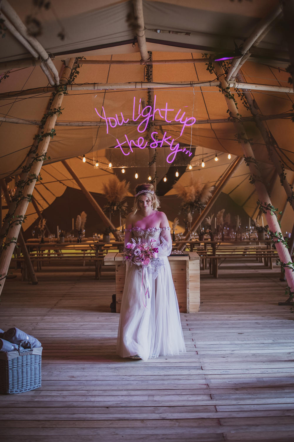 Neon Sign Lights Aisle Ceremony Blush Wedding Ideas Hannah Brooke Photography