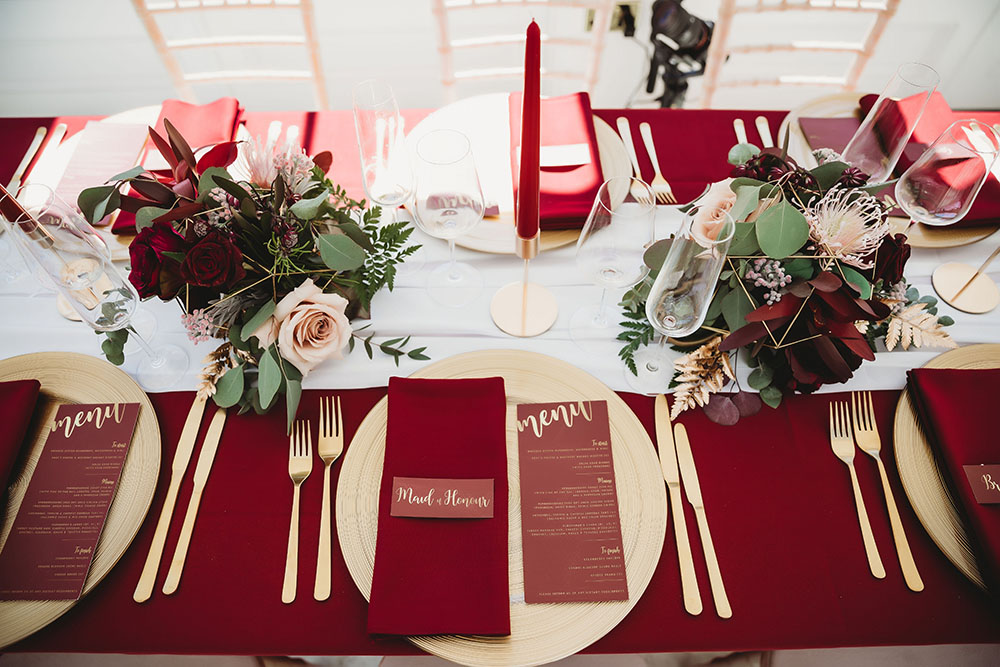 Table Cloth Candles Napkins Place Setting Gold Flowers Burgundy Wedding Theme Victoria Crocker Photography