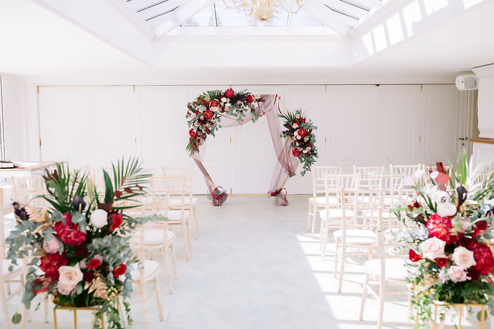 Ceremony Aisle Hexagon Flower Arch Pew Ends Decor Burgundy Wedding Theme Victoria Crocker Photography