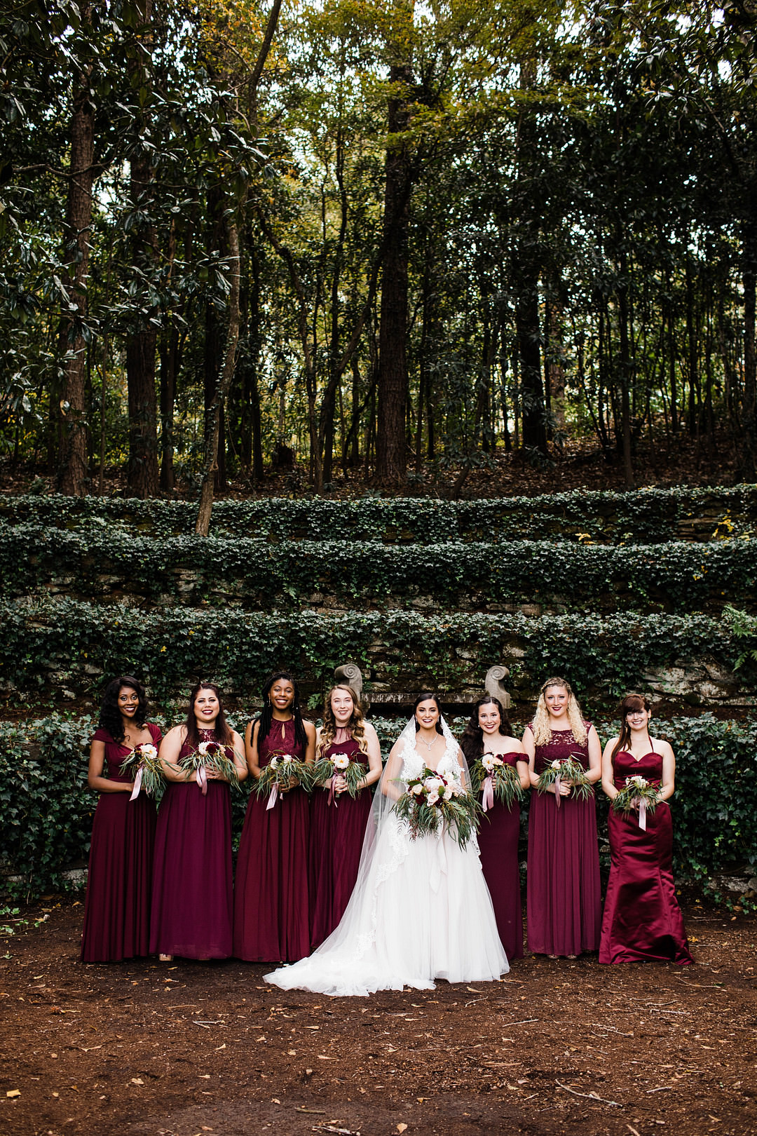 Burgundy Bridesmaids Red Dress Dresses Dunaway Gardens Wedding Sheena Shahangian Photography
